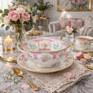 Vintage Lowestoft by Adderley Fine Bone China England Soup Bowl & Saucer